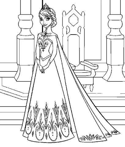 Frozen dibujo para colorear: la reina Anna con una corona y una capa larga en una sala del castillo