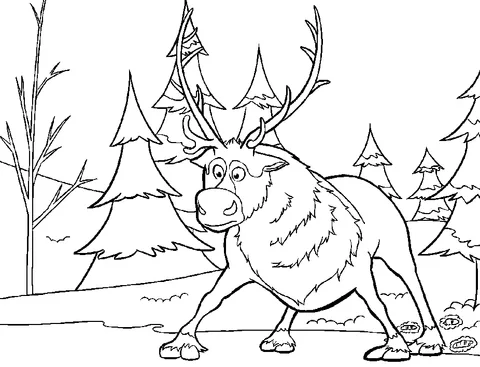 Frozen dibujo para colorear: el reno Sven de pie en un bosque nevado con pinos
