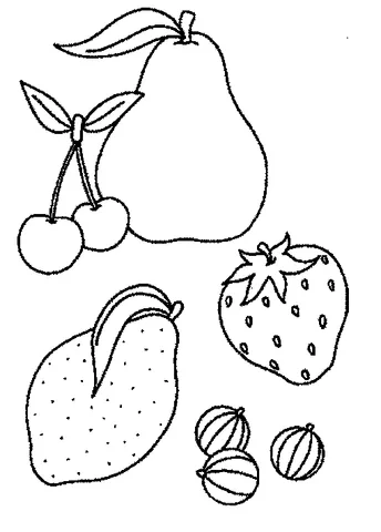 Fruit coloring page: a pear, two cherries, a strawberry, a lemon, and three gooseberries