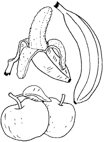 Fruit coloring page: a peeled banana, a whole banana, and two apples with a leaf