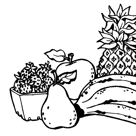 Fruit coloring page: a basket of strawberries, a pear, an apple, a banana, and a pineapple