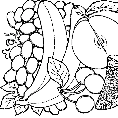 Fruit coloring page: a bunch of grapes, a banana, an apple, three cherries, and an orange slice