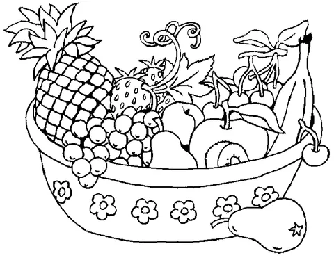Fruit coloring page: a bowl of fruit including pineapple, strawberries, grapes, apples, and bananas