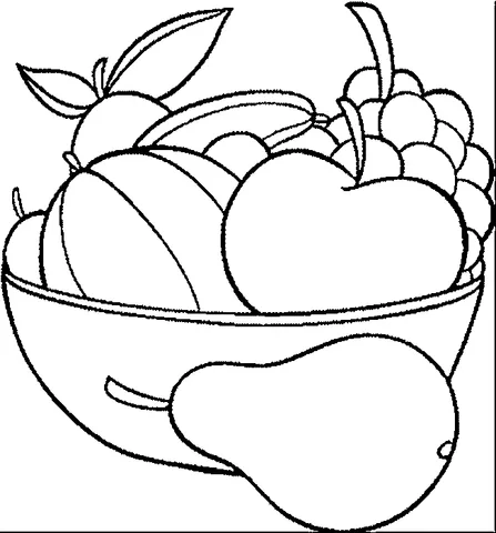 Fruit coloring page: a bowl filled with various fruits, with a pear resting outside the bowl