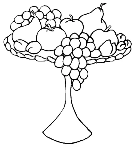 Fruit coloring page: a tall fruit stand holding grapes, pears, apples, and other fruits