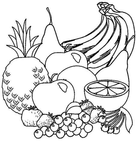 Fruit coloring page: a pineapple, a pear, two apples, a bunch of bananas, strawberries, and grapes