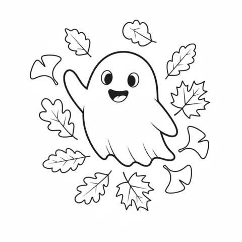 Disegno di Fantasma da colorare: un fantasma carino circondato da foglie autunnali, che saluta con una mano