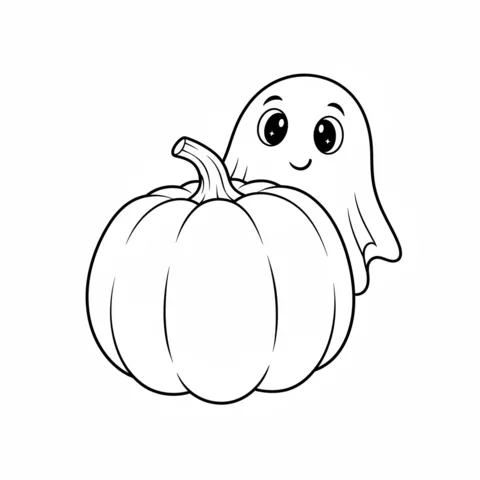 Disegno di Fantasma da colorare: un piccolo fantasma che sbircia da dietro una grande zucca