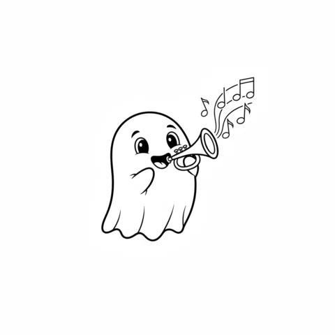 Disegno di Fantasma da colorare: un fantasma allegro che suona una tromba con note musicali fluttuanti