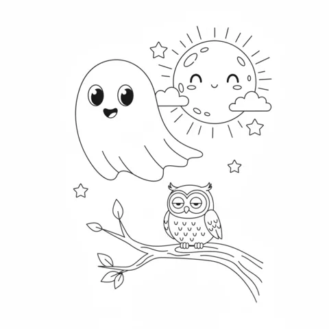 Disegno di Fantasma da colorare: un fantasma che fluttua vicino a una luna sorridente e un gufo su un ramo