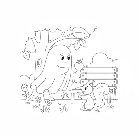 Disegno di Fantasma da colorare: un fantasma che offre una mela a uno scoiattolo sotto un albero con una panchina