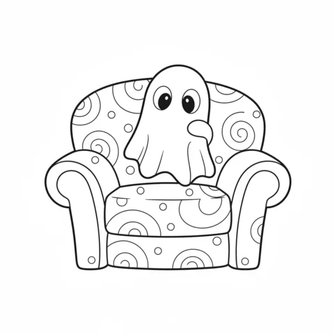 Disegno di Fantasma da colorare: un piccolo fantasma seduto su una poltrona a motivi di spirali e punti