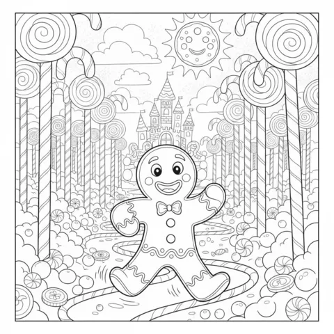 Coloriage Pain d'épices : un bonhomme en pain d'épices marchant sur un chemin de bonbons vers un château