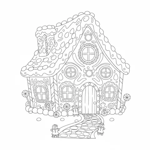 Coloriage Pain d'épices : une grande maison en pain d'épices décorée de bonbons avec deux petits personnages