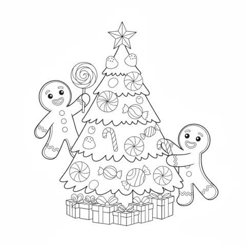 Coloriage Pain d'épices : deux bonhommes en pain d'épices décorant un sapin de Noël avec des bonbons et des cadeaux