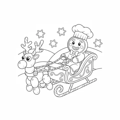 Coloriage Pain d'épices : un chef bonhomme en pain d'épices dans un traîneau tiré par un renne