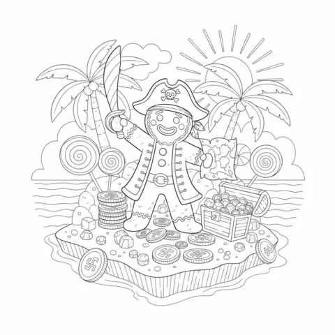 Coloriage Pain d'épices : un pirate bonhomme en pain d'épices avec une épée sur une île au trésor avec des palmiers