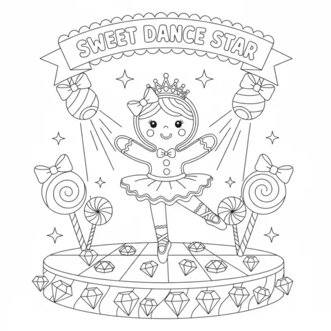 Coloriage Pain d'épices : une ballerine en pain d'épices dansant sur scène sous les projecteurs avec une bannière "Sweet Dance Star