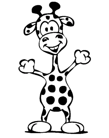 Ausmalbild Giraffen: eine fröhliche Cartoon-Giraffe mit großen Flecken und offenen Armen
