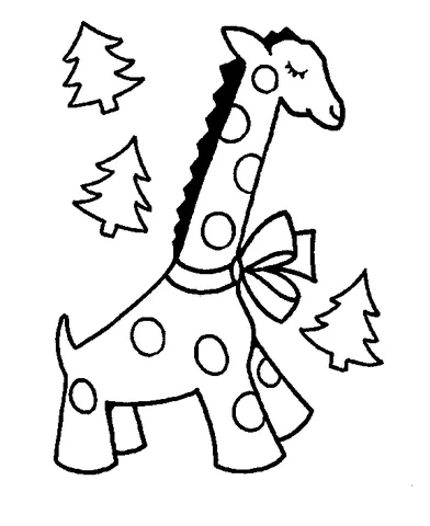 Ausmalbild Giraffen: eine Baby-Giraffe mit einer Schleife um den Hals, umgeben von kleinen Weihnachtsbäumen