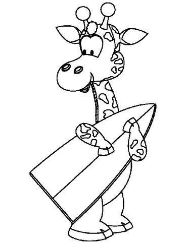 Ausmalbild Giraffen: eine niedliche Cartoon-Giraffe, die ein Surfbrett unter dem Arm hält