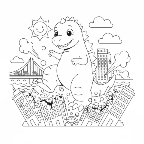 Ausmalbild Godzilla: Godzilla stapft durch eine Stadt, mit einer Brücke und einer lächelnden Sonne im Hintergrund