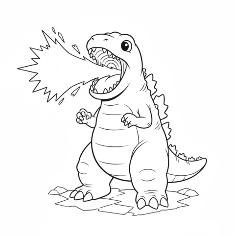 Ausmalbild Godzilla: Godzilla brüllt mit Feuer oder Atomatem, der aus seinem Maul schießt