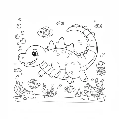 Ausmalbild Godzilla: Godzilla schwimmt unter Wasser mit Fischen, einer Qualle und Korallen