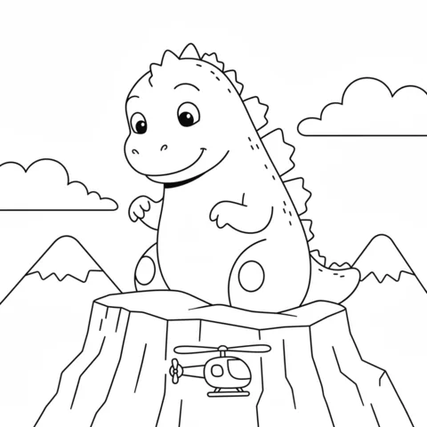 Ausmalbild Godzilla: Godzilla sitzt auf einem Berggipfel mit einem Hubschrauber in der Nähe