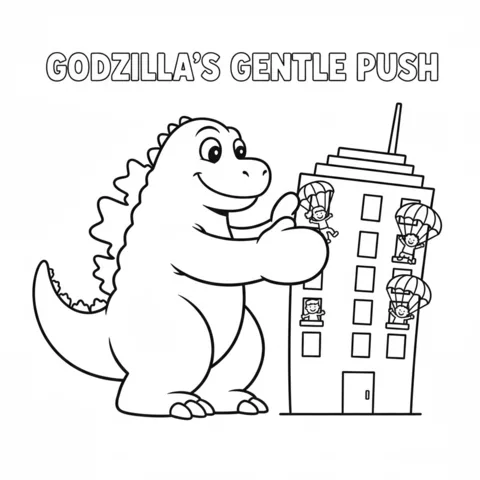 Ausmalbild Godzilla: Godzilla schiebt sanft ein Gebäude, aus dem Menschen mit Fallschirmen springen