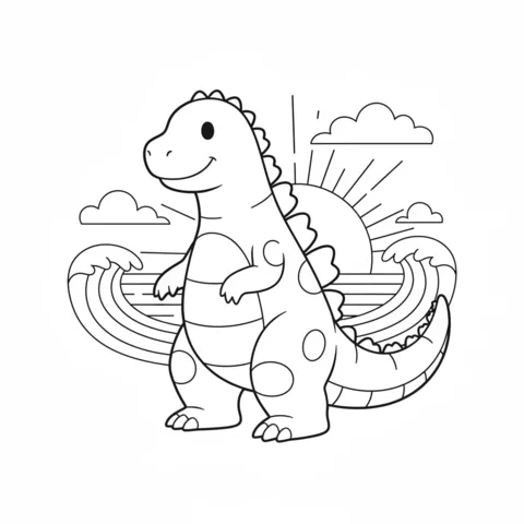 Ausmalbild Godzilla: Godzilla steht an einem Strand mit Wellen und einer aufgehenden Sonne dahinter