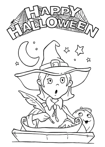 Dibujo de Halloween para colorear: una bruja sorprendida escribiendo con una pluma, junto a una calabaza, bajo una luna creciente