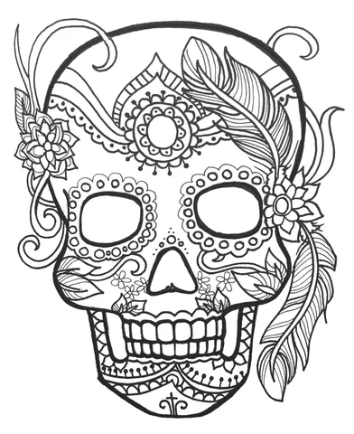 Dibujo de Halloween para colorear: una calavera de azúcar decorada con flores, plumas y patrones intrincados