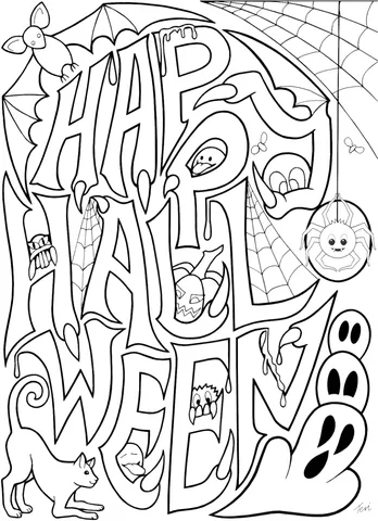 Dibujo de Halloween para colorear: texto "Happy Halloween" con un murciélago, araña, fantasma, gato y otros elementos espeluznantes