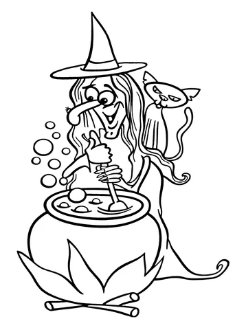 Dibujo de Halloween para colorear: una bruja revolviendo un caldero burbujeante sobre un fuego, con un gato en su hombro