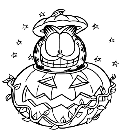 Dibujo de Halloween para colorear: la cabeza de Garfield dentro de una calabaza tallada, rodeada de estrellas y enredaderas