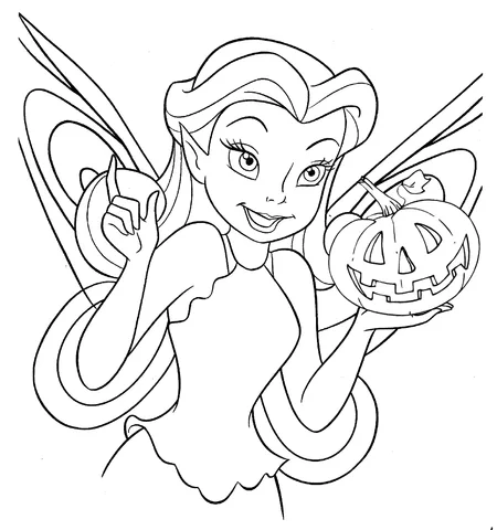 Dibujo de Halloween para colorear: Campanita sosteniendo una calabaza tallada y señalando con el dedo