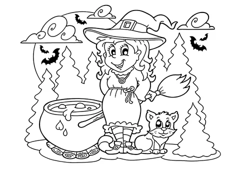 Dibujo de Halloween para colorear: una linda bruja con un gato y un caldero burbujeante en un bosque con murciélagos