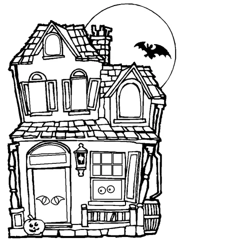 Dibujo de Halloween para colorear: una casa encantada con ojos brillantes en la ventana y un murciélago volando bajo una luna llena