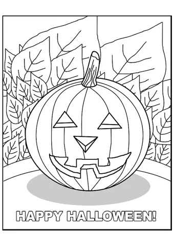 Dibujo de Halloween para colorear: una calabaza tallada con ojos triangulares y boca dentada, frente a arbustos frondosos
