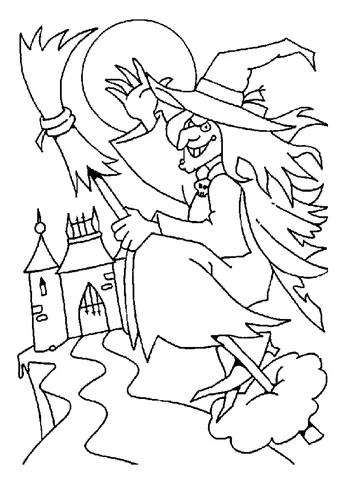 Dibujo de Halloween para colorear: una bruja volando en una escoba sobre un castillo espeluznante bajo una luna llena