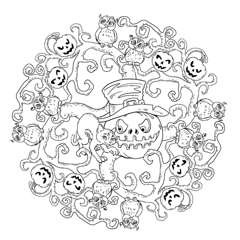 Dibujo de Halloween para colorear: un mandala con una calabaza con sombrero de bruja, rodeada de búhos y calabazas más pequeñas
