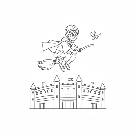 Disegno di Harry Potter da colorare: Harry Potter che vola su una scopa sopra uno stadio di Quidditch, con un Boccino d'Oro vicino