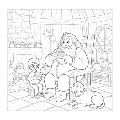 Disegno di Harry Potter da colorare: Harry Potter e Hagrid che bevono bevande calde vicino a un camino, con un cane sul pavimento