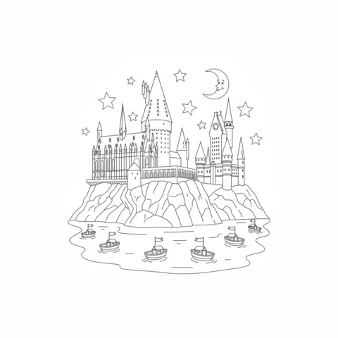 Disegno di Harry Potter da colorare: il castello di Hogwarts di notte, con una luna crescente, stelle e piccole barche sull'acqua