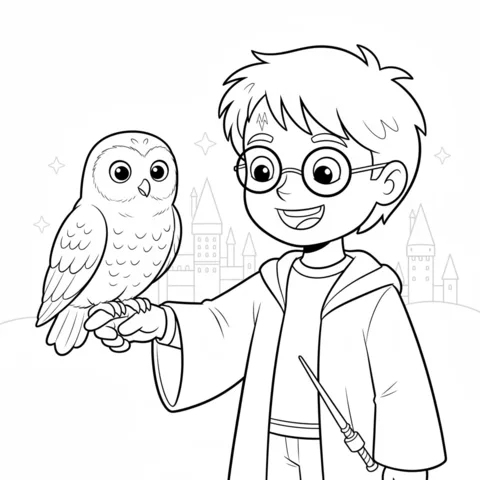 Disegno di Harry Potter da colorare: Harry Potter che tiene un gufo sul braccio, con il castello di Hogwarts sullo sfondo