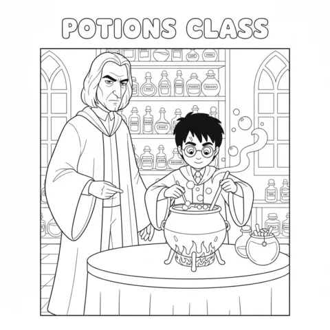 Disegno di Harry Potter da colorare: Harry Potter e il Professor Piton nella lezione di Pozioni, che preparano una pozione in un calderone