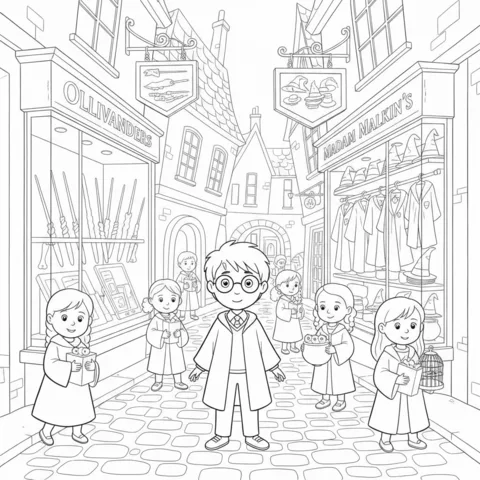Disegno di Harry Potter da colorare: Harry Potter e altri studenti che camminano per Diagon Alley, con negozi come Ollivander