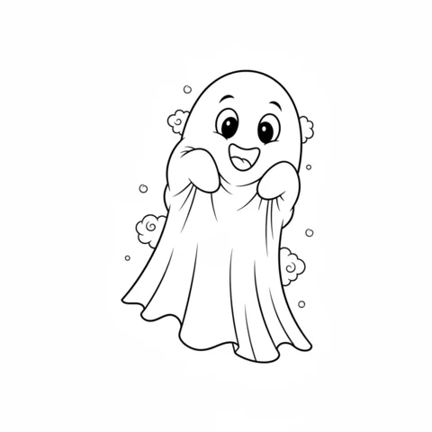 Coloriage Fantôme : un fantôme mignon avec de grands yeux et un sourire joyeux flotte