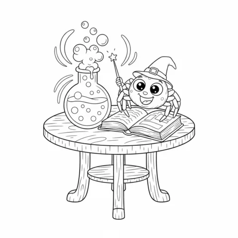 Coloriage Araignée : une araignée en chapeau de sorcière jette un sort sur une potion bouillonnante